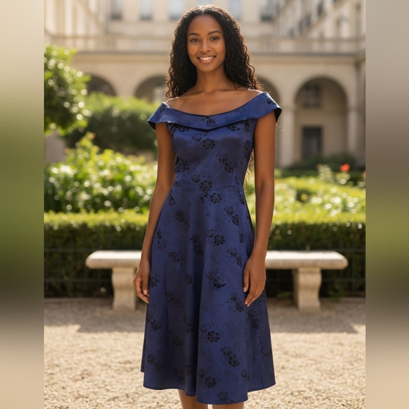 Elegant Blue Off-Shoulder Dress - Picture 1 of 7